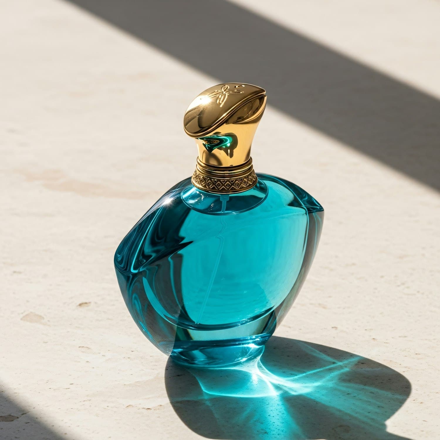 Turquoise glass perfume bottle with an ornate gold cap in warm sunlight