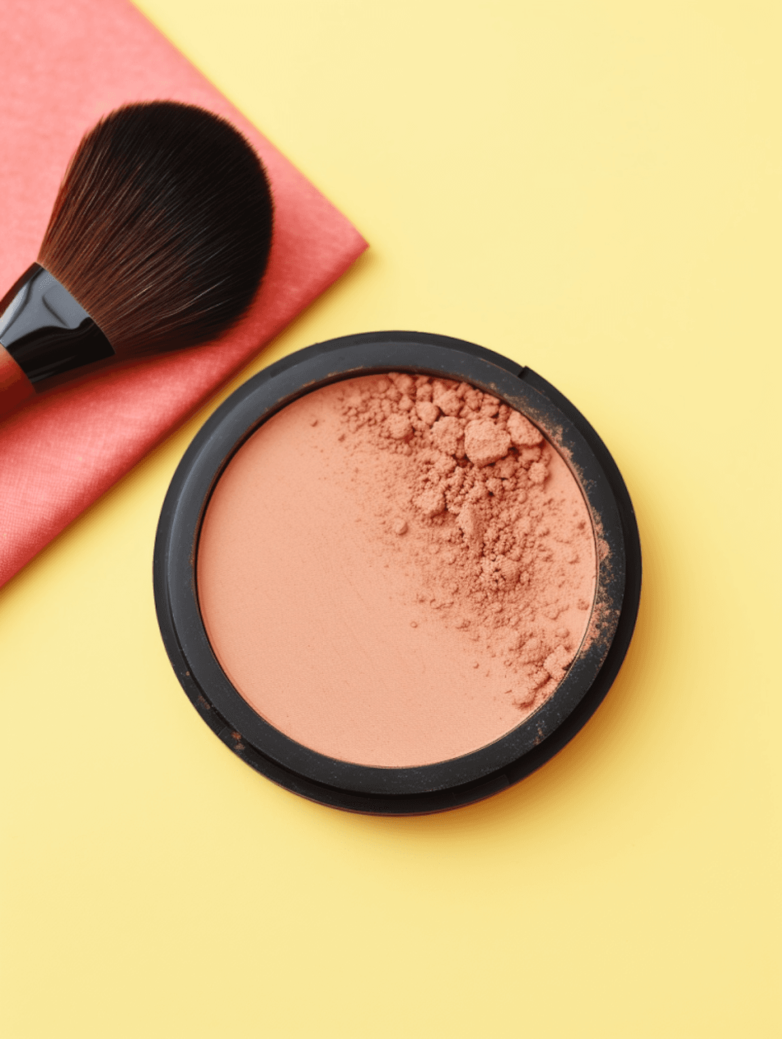 Peach powder blush compact with a fluffy makeup brush