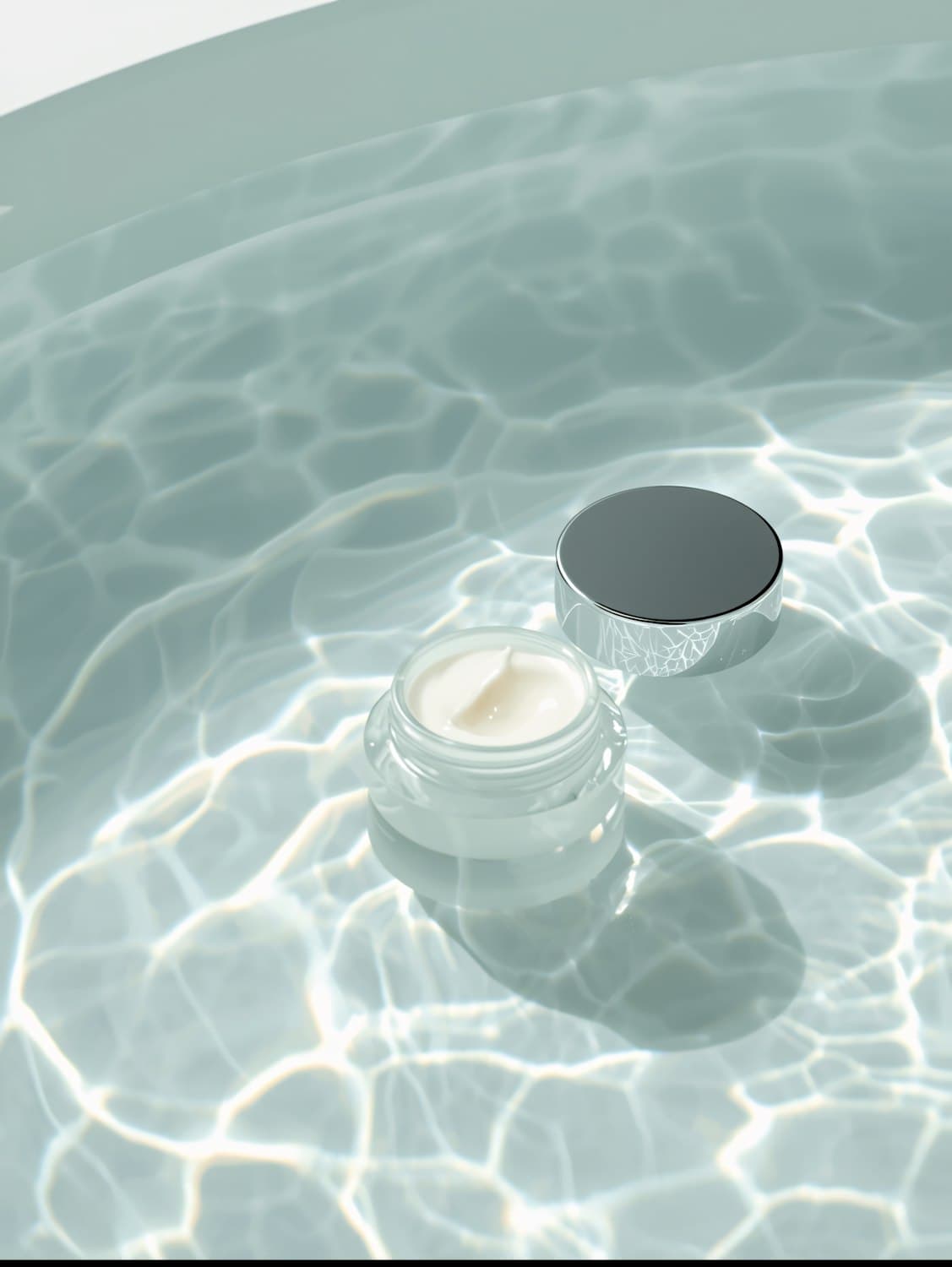 Open jar of hair mask cream resting in clear, rippling water