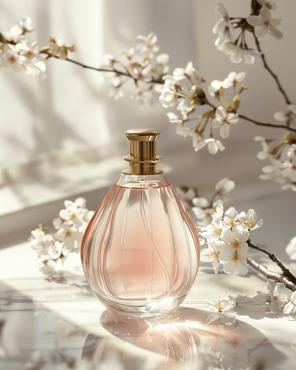 Perfume bottle with a gold cap surrounded by pink blossoms