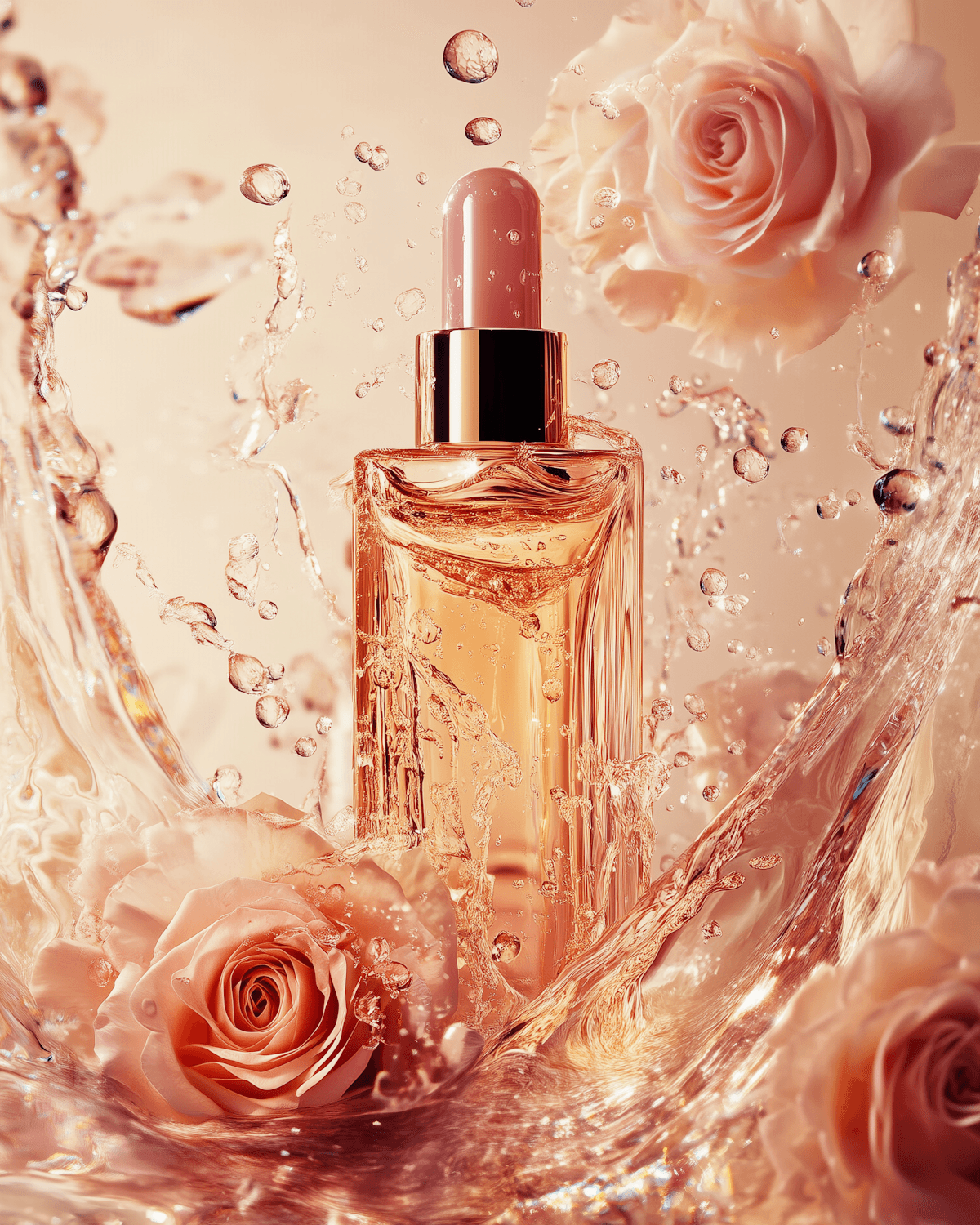 Amber perfume oil dropper bottle surrounded by pink roses and splashing water