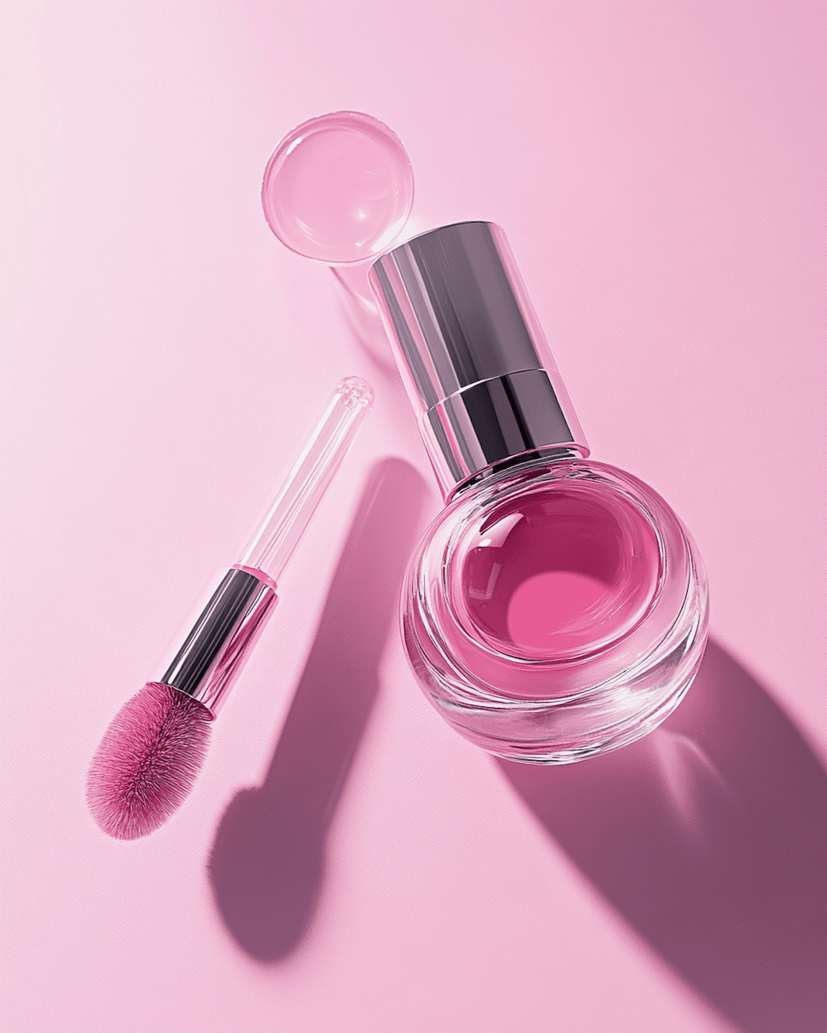 Glass dropper bottle of pink serum on a soft pink background