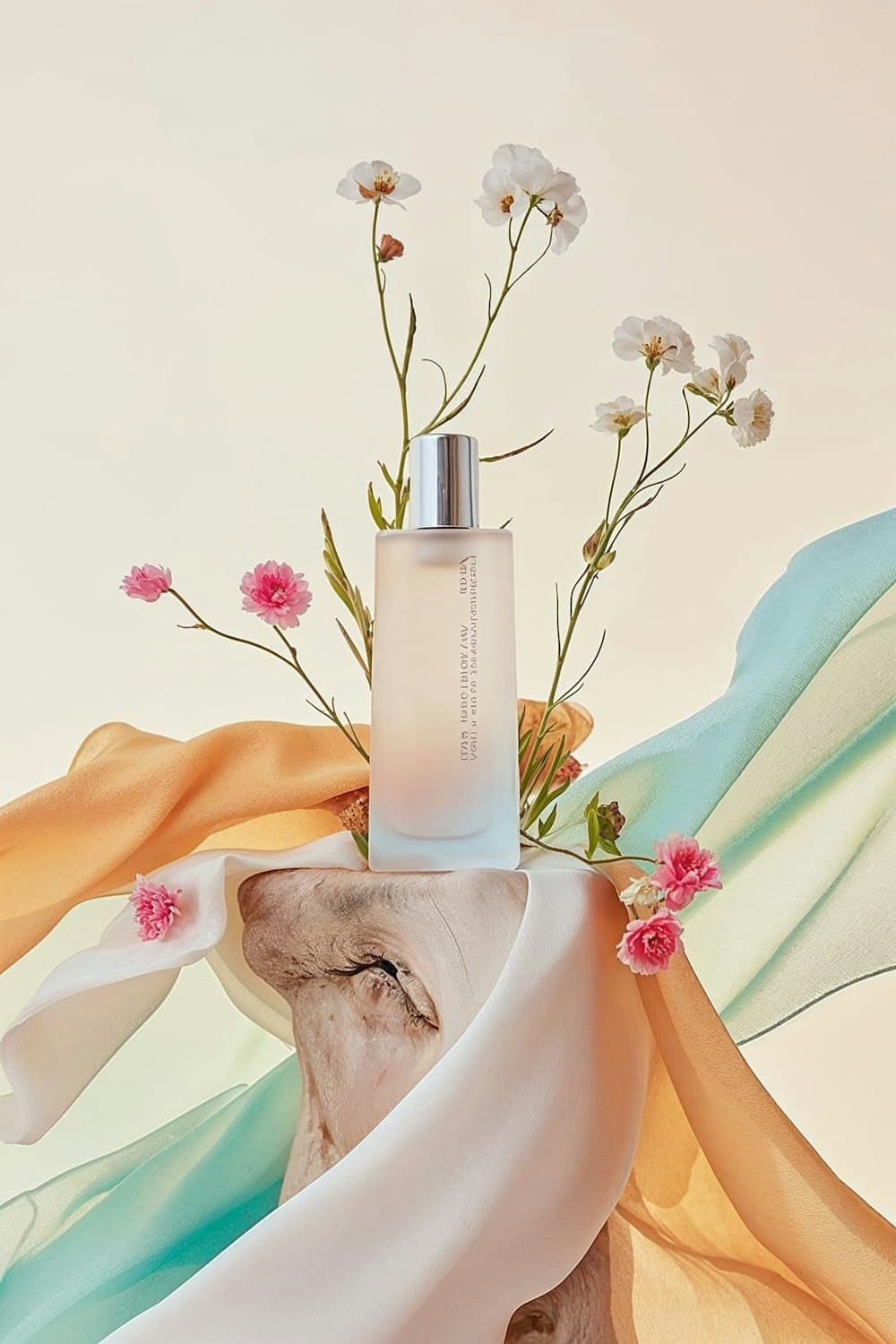Frosted glass toner bottle with a silver cap surrounded by wildflowers