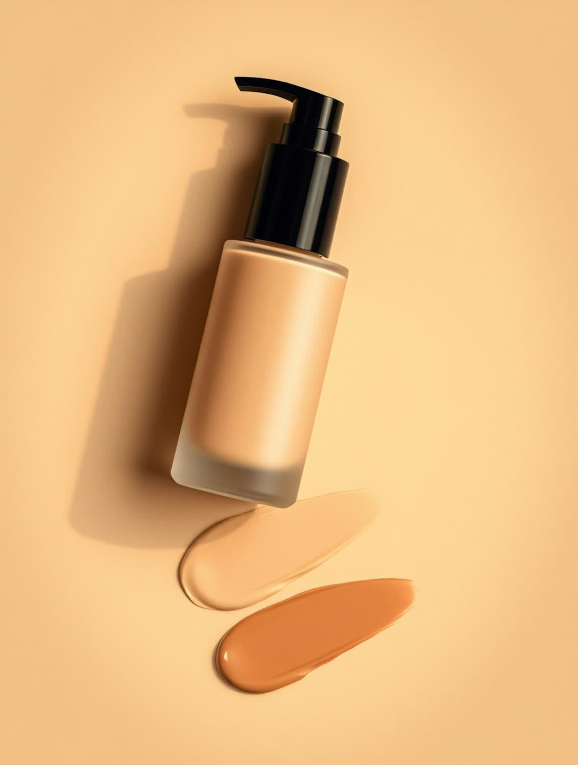 Frosted glass foundation bottle with a black pump beside two foundation swatches