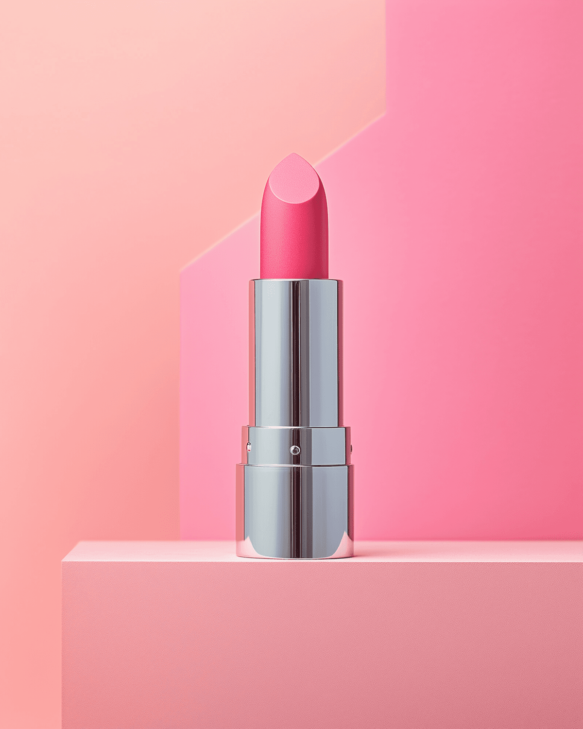 Pink matte lipstick in a silver tube on a pink background