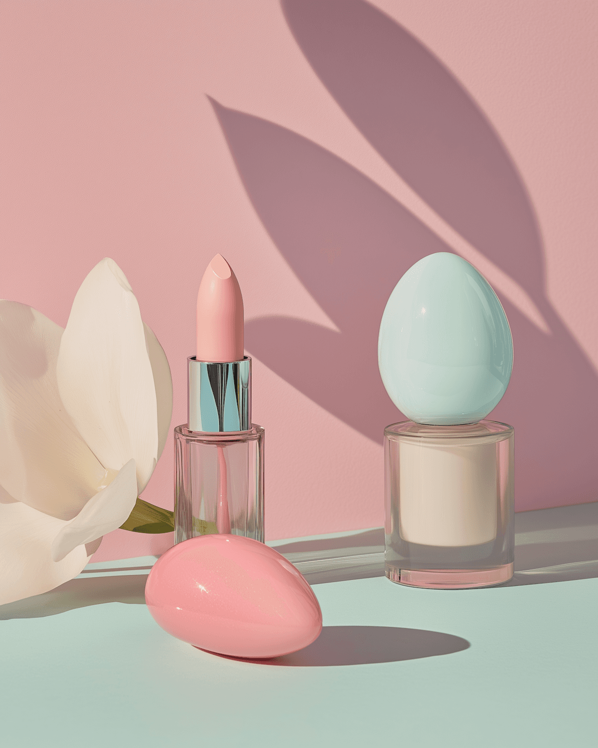 Pale pink lipstick and pastel beauty objects against a blush pink wall