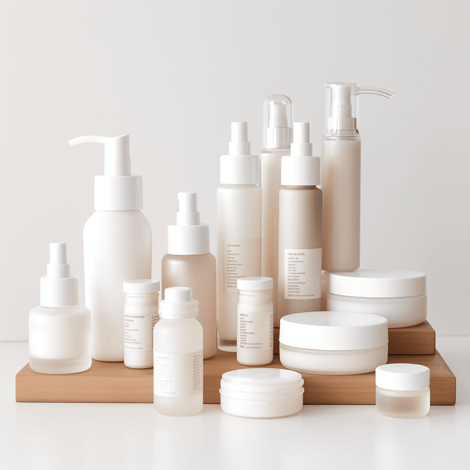 Minimal white skincare bottles and jars arranged on a wooden stand
