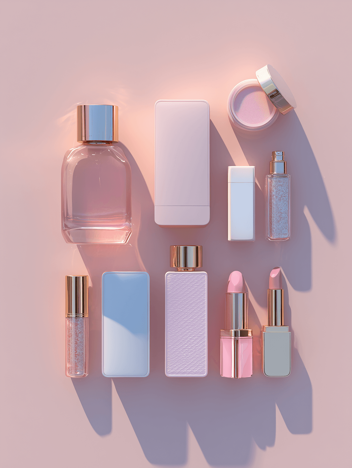 Pastel lipsticks, perfume and compacts with gold accents arranged on a blush pink surface