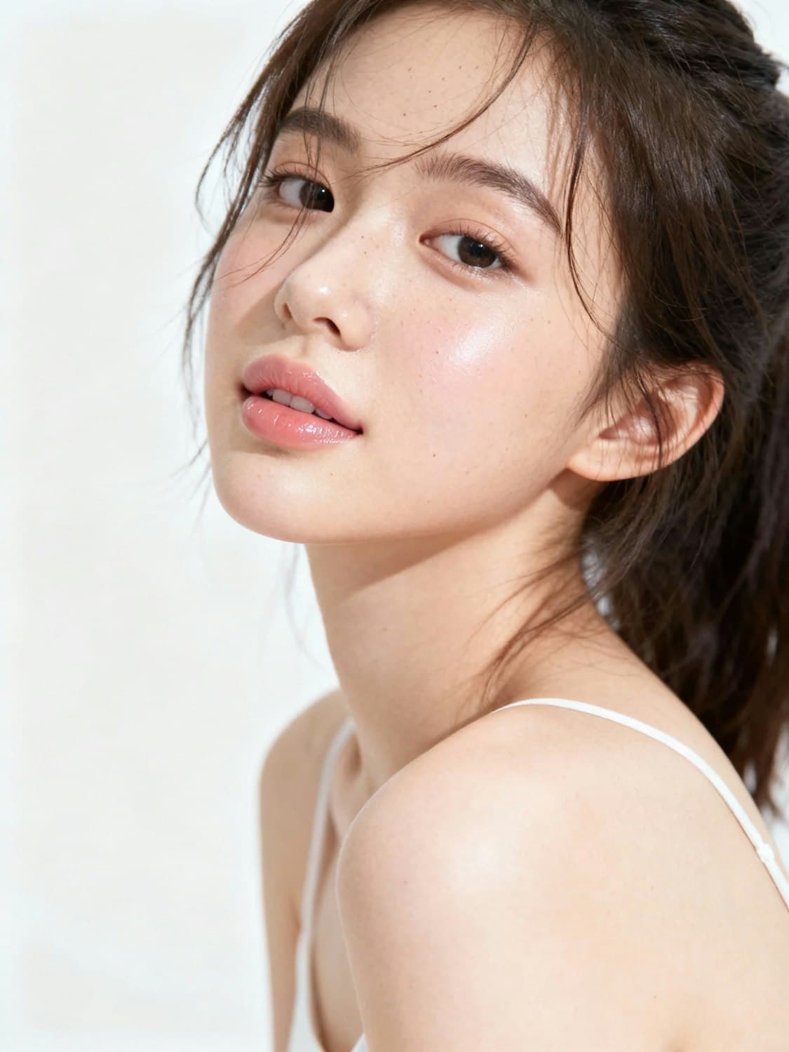 Woman with glowing, dewy skin and soft pink lips against a light background
